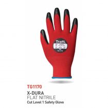 Traffi TG1170 X-Dura Flat Nitrile Cut Level 1 Safety Gloves, Red/Black, 10 x 20 Pairs