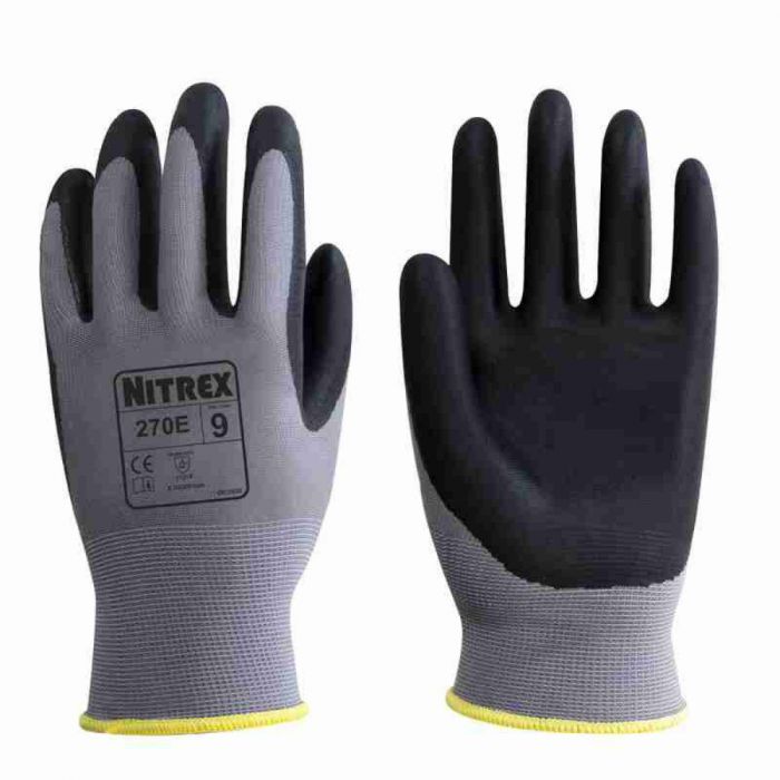 Nitrex 270E Maximum Dry, Wet & Oil Grip Nitrilhansker, grå/svarte, 10 x 10 par
