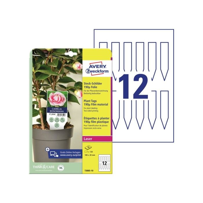 Avery Plant Tags Film 190µ, mikroperforert, 100x20 mm, hvit, 100 x 20, modell T3005-10