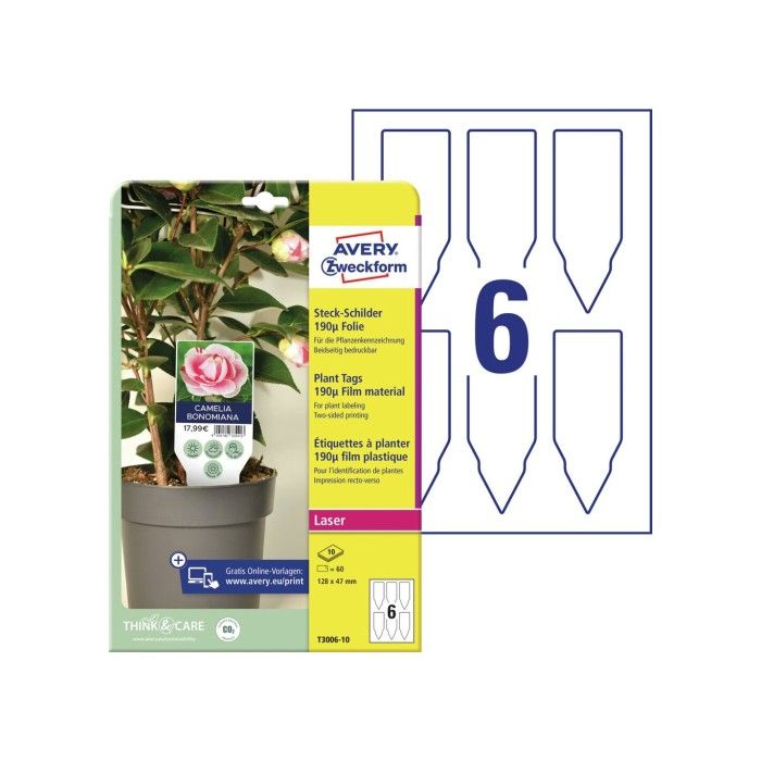 Avery Plant Tags Film 190µ, mikroperforert, 128x47 mm, hvit, 128 x 47, modell T3006-10