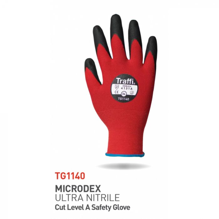 Traffi TG Microdex Ultra Nitrile Cut Level A vernehansker, rød/svart, x par, STR-TG1140