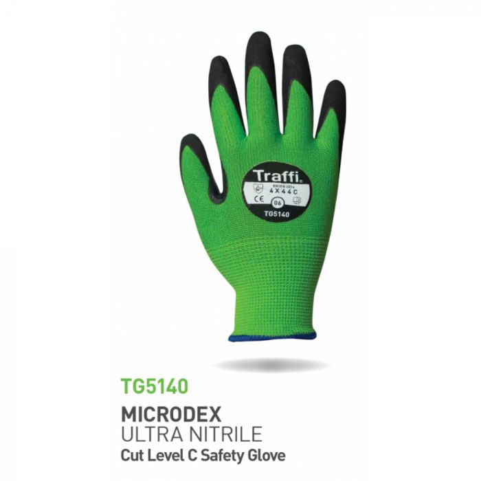 Traffi TG Microdex Ultra Nitrile Cut Level C sikkerhetshansker, grønn/svart, x par, STR-TG5140