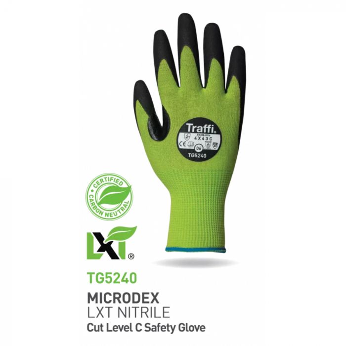 Traffi TG Microdex Nitrile Lxt Cut Level C sikkerhetshansker, grønn/svart, x par, STR-TG5240
