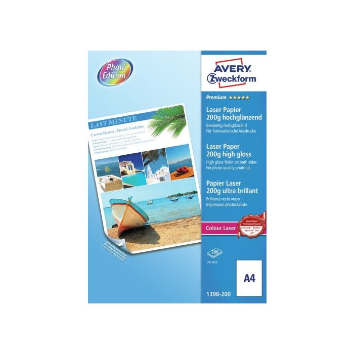 Avery Photopaper 200 G. Premium glanset dobbeltsidig, hvit, A4, modell 1398-200