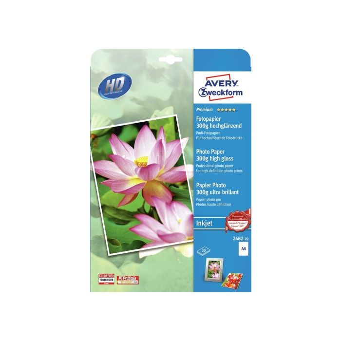 Avery Photopaper 300G. Premium glanset, hvit, A4, modell 2482-20