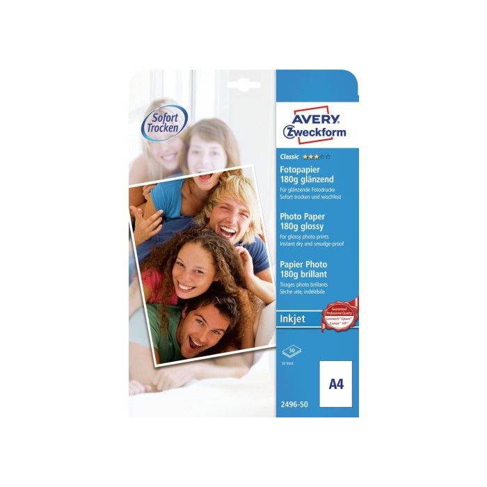 Avery Photopaper 180G. Klassisk blank, hvit, A4, modell 2496-50