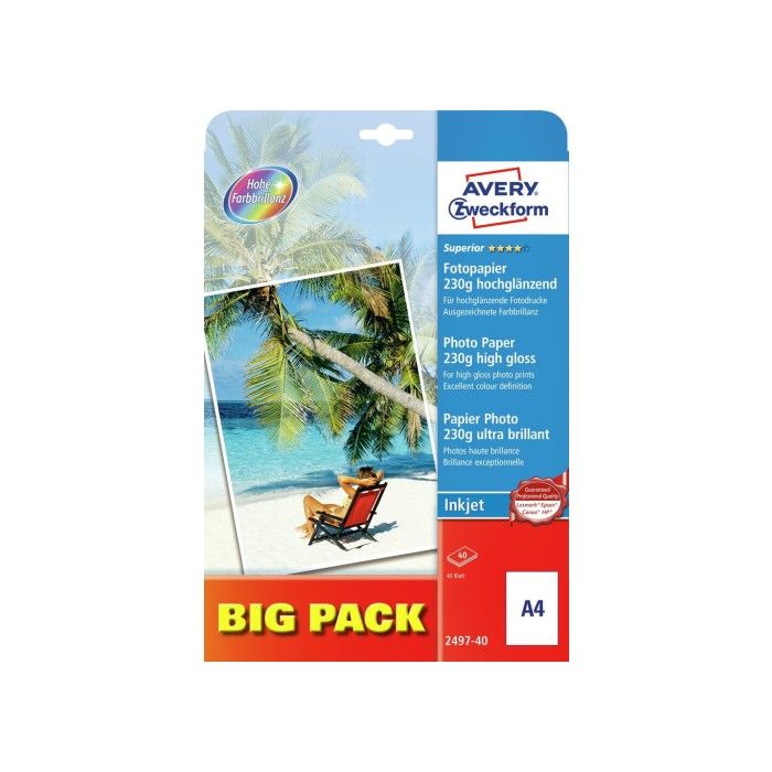 Avery Photopaper 230G. Superior glanset, hvit, A4, modell 2497-40