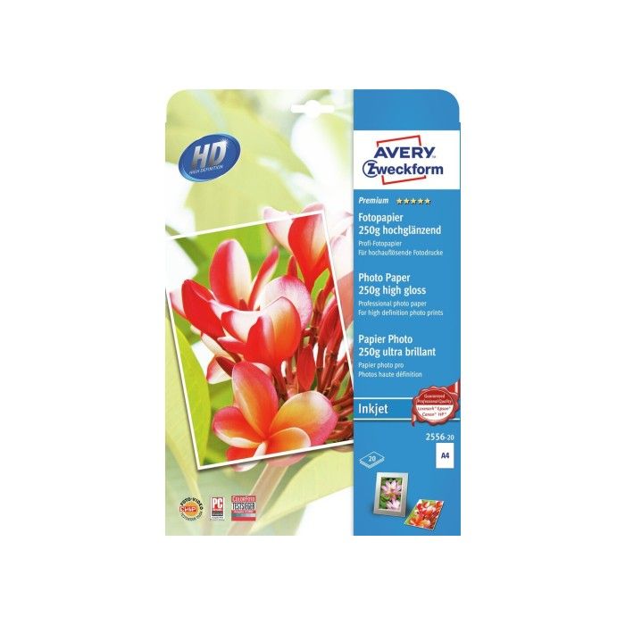 Avery Photopaper 250G. Premium glanset, hvit, A4, modell 2556-20