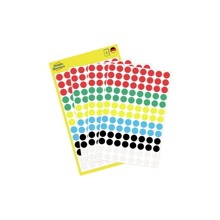 Avery Color Coding Dots, Permanent, Multicolour, Dia 8, Model 3090