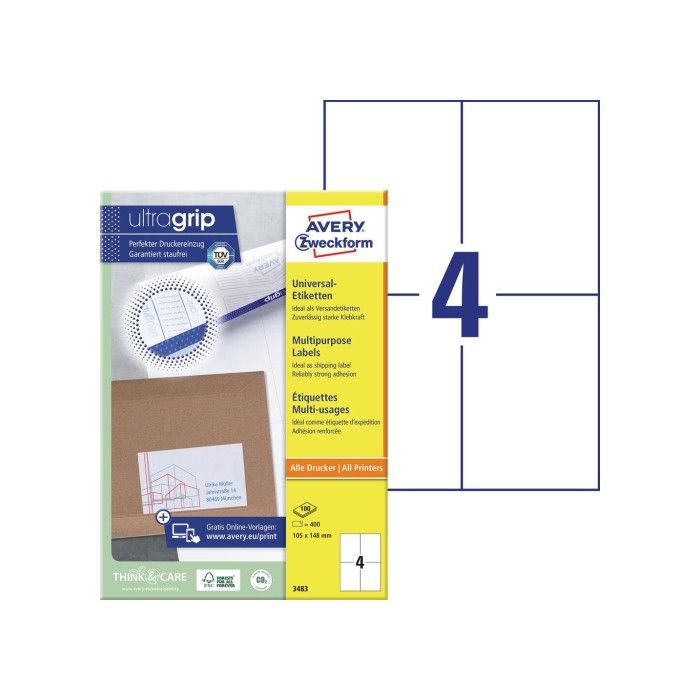 Avery Multipurpose etikett for generell bruk (Ultragrip), hvit, 105 X 148, modell 3483
