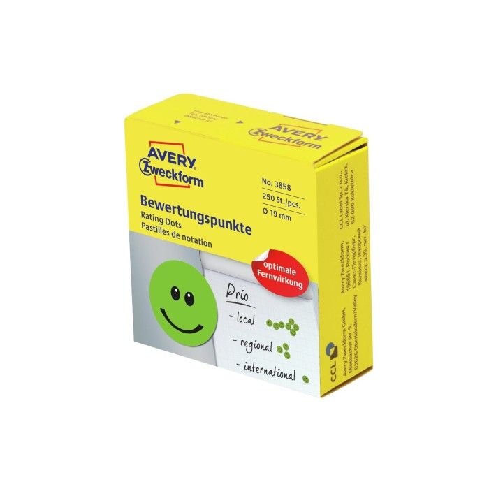 Avery Rating Dots, Green Happy Smiley, Green, Dia 19, Model 3858