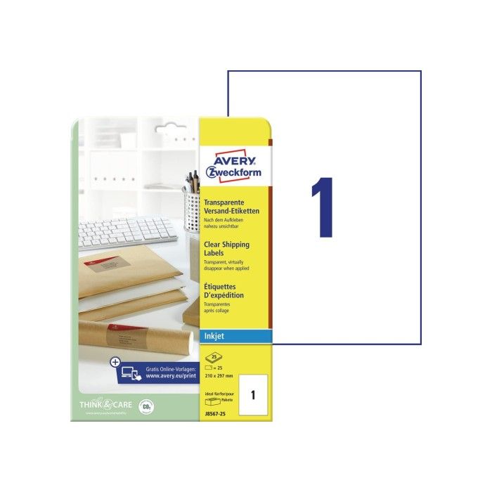 Avery Clear adresseetiketter, klare, 210 X 297, modell J8567-25