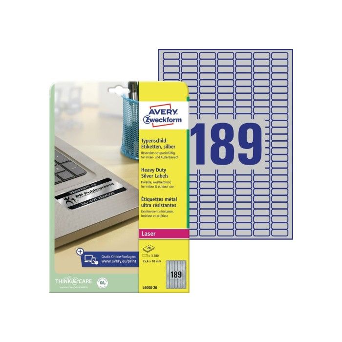 Avery Heavy Duty-etiketter, sølv, egnet for innendørs og utendørs bruk (-40Oc til +150Oc), sølv, 25,4 X 10, modell L6008-20