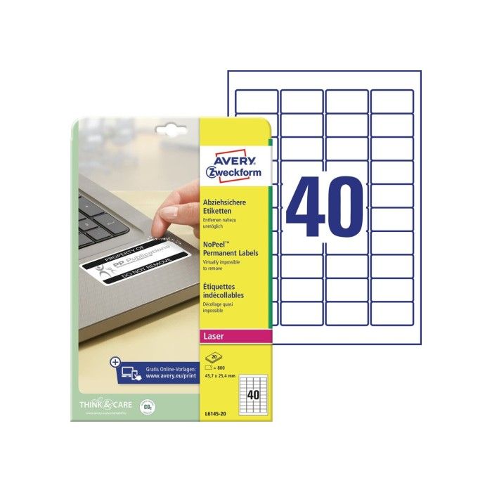 Avery Security Labels, Nopeel (-40Oc Til +120Oc), Hvit, 45,7 X 25,4, modell L6145-20