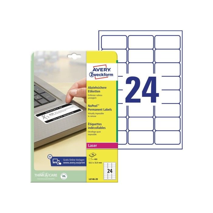 Avery Security Labels, Nopeel (-40Oc Til +120Oc), Hvit, 63,5 X 33,9, modell L6146-20