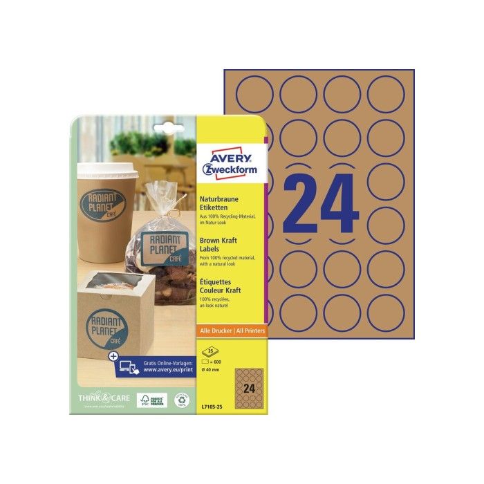 Avery Round Brown Kraft produktetiketter (resirkuler), brun, Dia 40, modell L7105-25