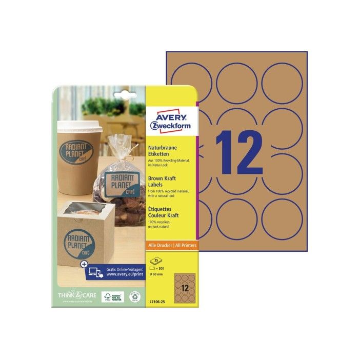 Avery Round Brown Kraft produktetiketter (resirkulert), brun, Dia 60, modell L7106-25