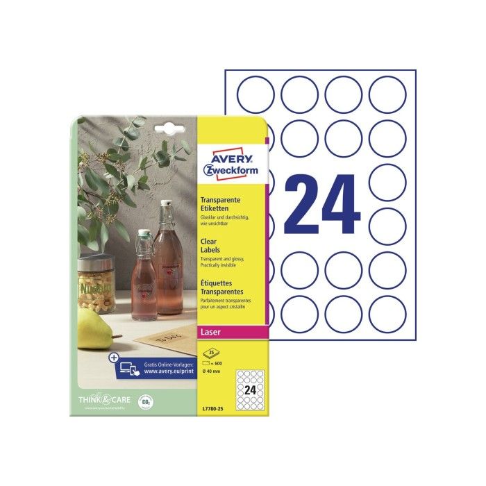 Avery Crystal Clear Labels (-20Oc Til +80Oc), Clear, Dia 40, Model L7780-25