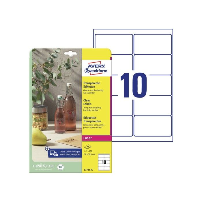 Avery Crystal Clear Labels (-20Oc Til +80Oc), Clear, 96 X 50,8, modell L7783-25