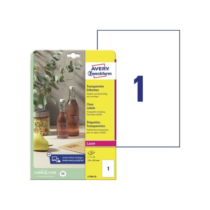 Avery Crystal Clear Labels (-20Oc Til +80Oc), Clear, 210 X 297, modell L7784-25