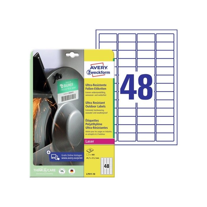 Avery Ultra Resistant Stretchable Labels (-40Oc Til +150Oc), Hvit, 45,7 X 21,2, modell L7911-10