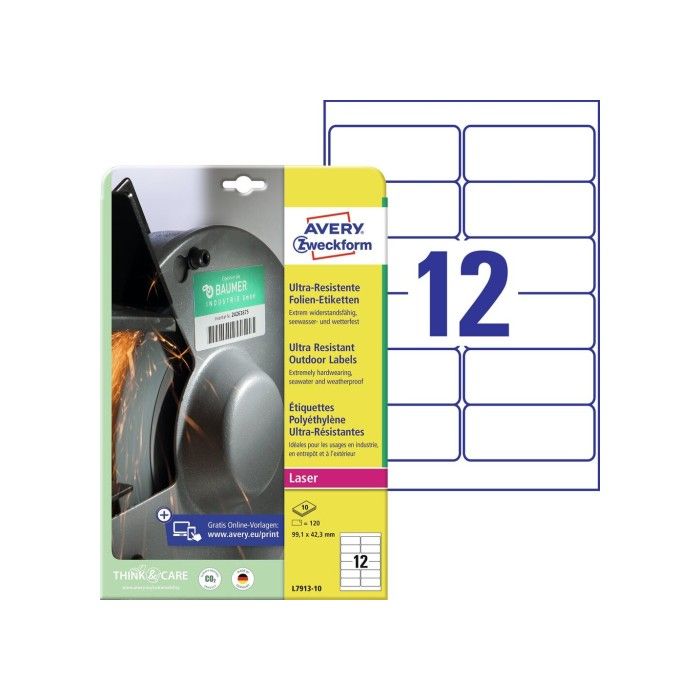 Avery Ultra Resistant Stretchable Labels (-40Oc Til +150Oc), Hvit, 63,5 X 29,6, modell L7913-10