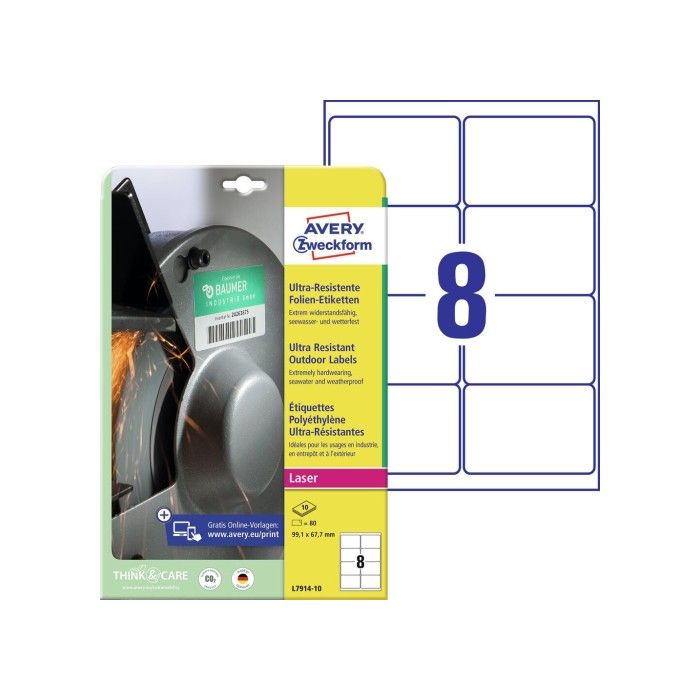 Avery Ultra Resistant Stretchable Labels (-40Oc Til +150Oc), Hvit, 99,1 X 67,7, modell L7914-10