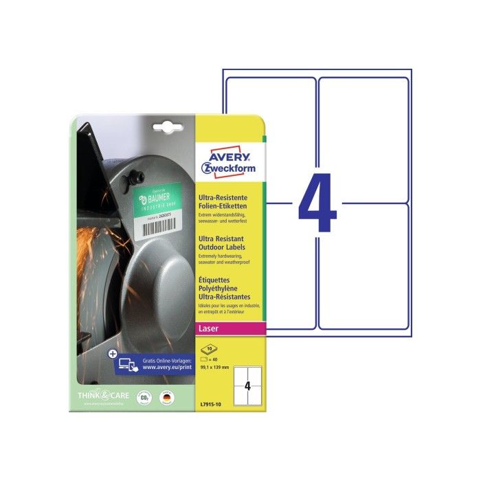 Avery Ultra Resistant Stretchable Etiketter (-40Oc Til +150Oc), hvite, 99,1 X 139, modell L7915-10