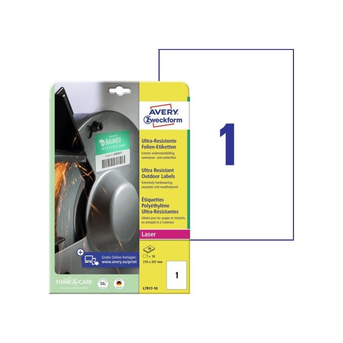 Avery Ultra Resistant Stretchable Labels (-40Oc Til +150Oc), Hvit, 210 X 297, modell L7917-10