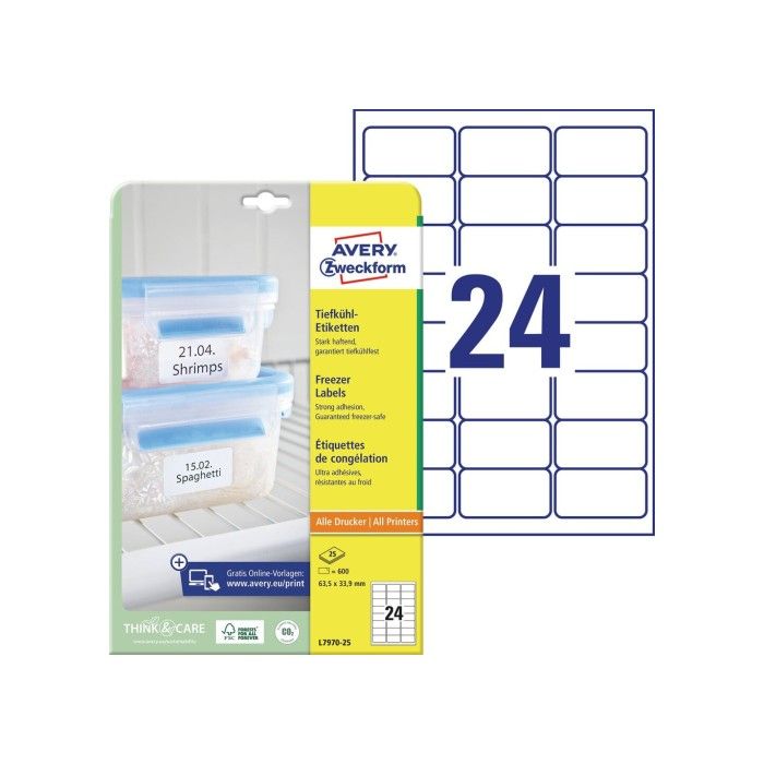 Avery Freezer Labels (min. påføringstemperatur -20Oc, Servicetemperatur fra -50Oc Til +70Oc), hvit, 63,5 X 33,9, modell L7970-25