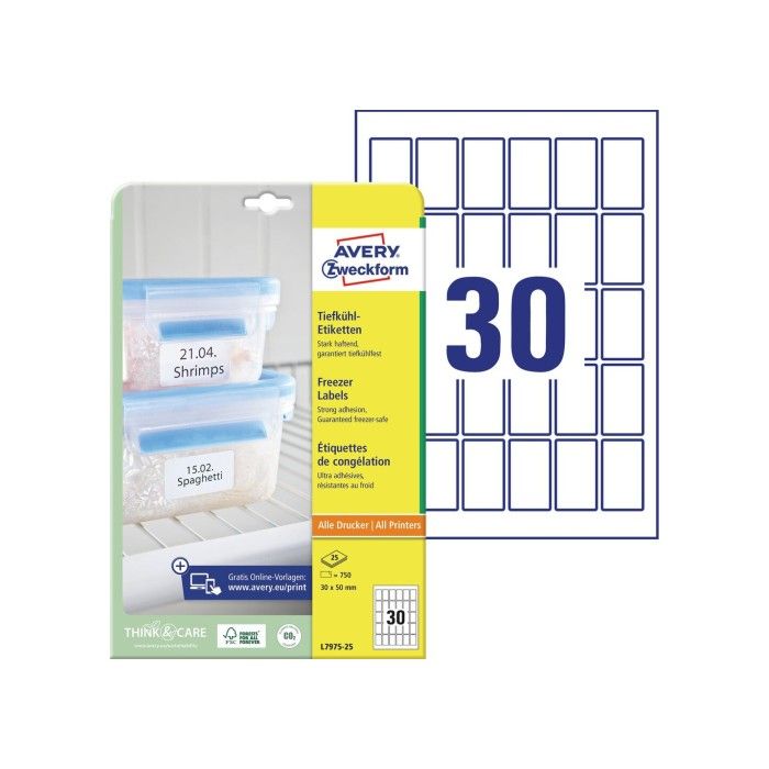 Avery Freezer Labels (Min. påføringstemperatur -20Oc, Servicetemperatur fra -50Oc Til +70Oc), hvit, 30 X 50, modell L7975-25