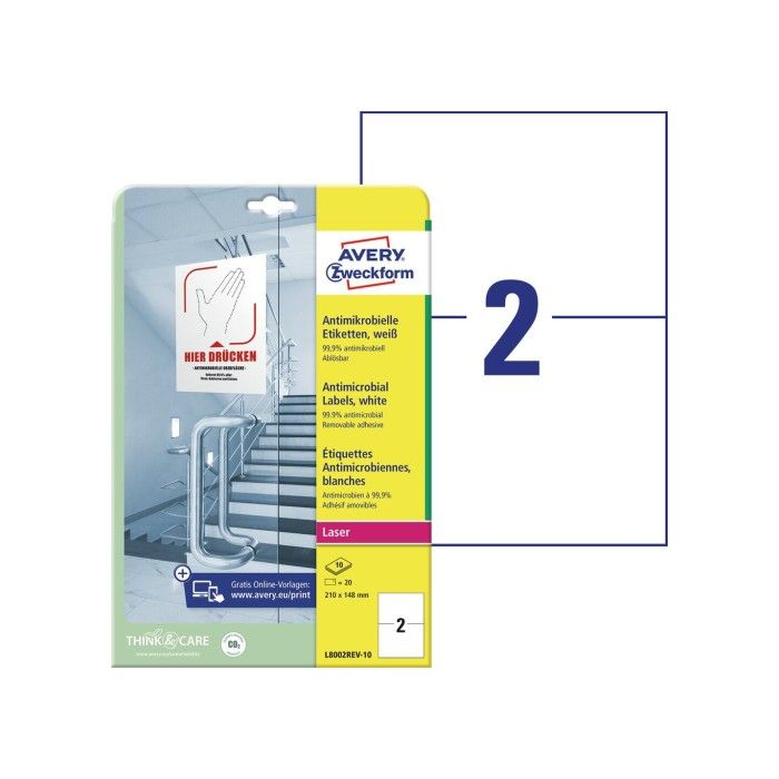 Avery antimikrobielle etiketter, avtagbare, hvite, 210 X 148, modell L8002Rev-10