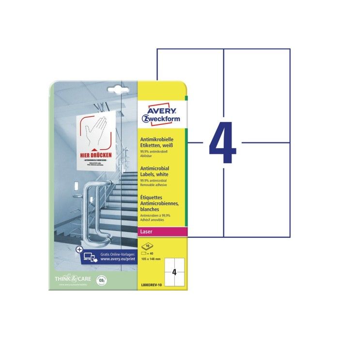 Avery antimikrobielle etiketter, avtagbare, hvite, 105 X 148, modell L8003Rev-10
