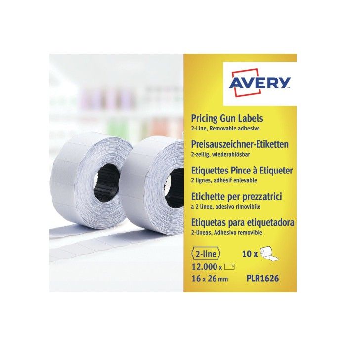 Avery-etiketter på rull for 2 linjer Prispistol, opptil 18 sifre, avtagbar, hvit, 26 X 12, modell Plr1626