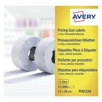 Avery-etiketter på rull for 1 linje prispistol, opptil 8 sifre, avtagbar, hvit, 26 x 12, modell Plr1226