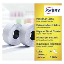 Avery-etiketter på rull for 2 linjer Prispistol, opptil 18 sifre, avtagbar, hvit, 26 X 12, modell Plr1626